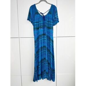 Plenty by Tracy Reese Flutter Sleeve Dress Blue Tie Back Midi Length Size Large